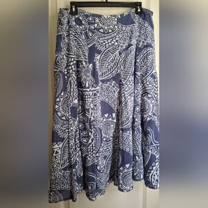 Chicos Floral Midi Skirt Blue and White Patterned Sz 2 Cotton Summer Profesional
